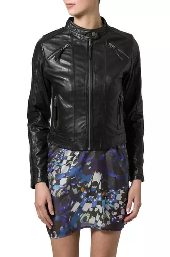 Womens genuine lambskin black leather motorcycle slim fit ladies biker jacket-c66