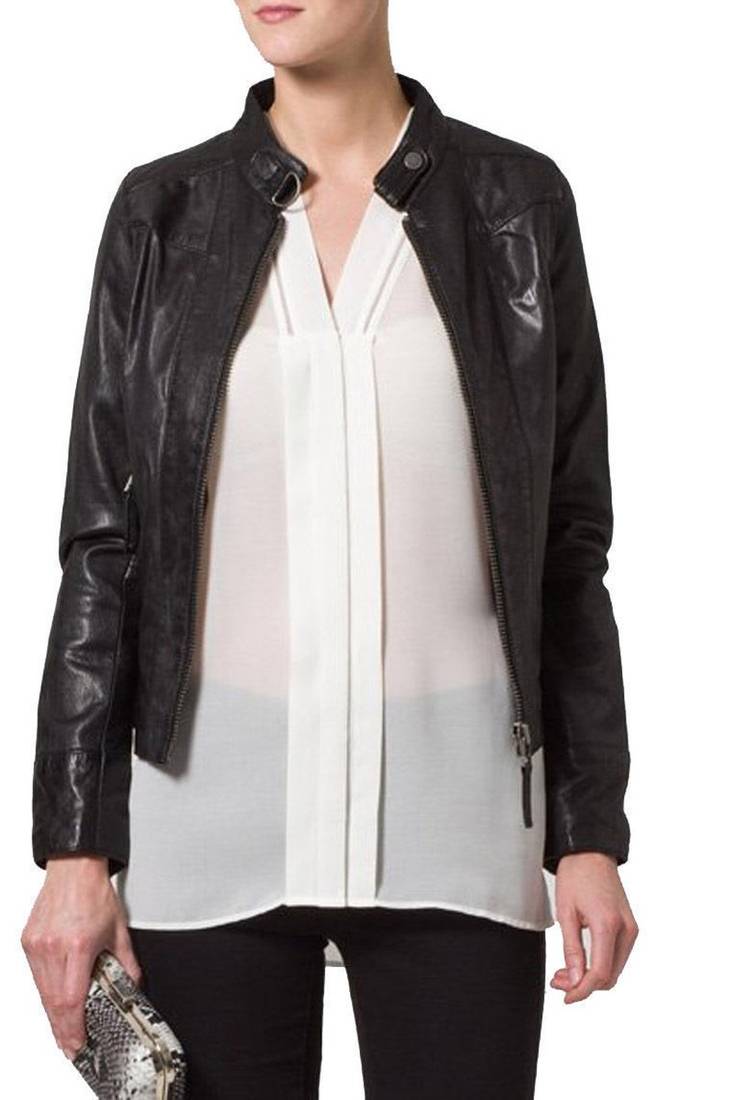 Womens genuine lambskin black leather motorcycle slim fit ladies biker jacket-c68