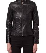 women's black lambskin leather biker jacket classic moto zip style premium refined