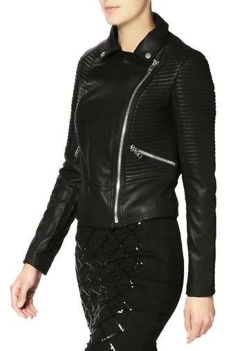 women's black lambskin leather biker jacket classic moto zip style premium elegant