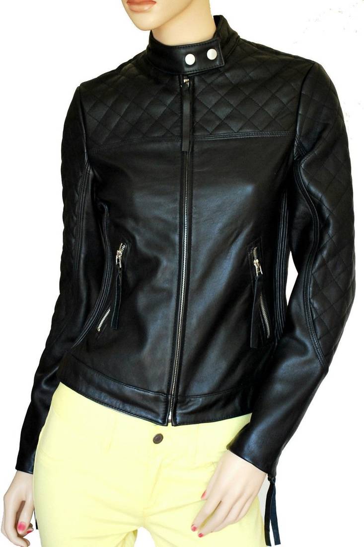 Womens genuine lambskin black leather motorcycle slim fit ladies biker jacket-c71