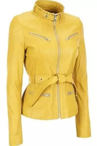Women’s genuine lambskin yellow leather biker jacket slim fit designer motorcycle-c72