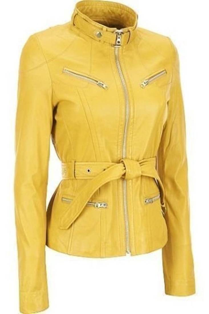 Women’s genuine lambskin yellow leather biker jacket slim fit designer motorcycle-c72