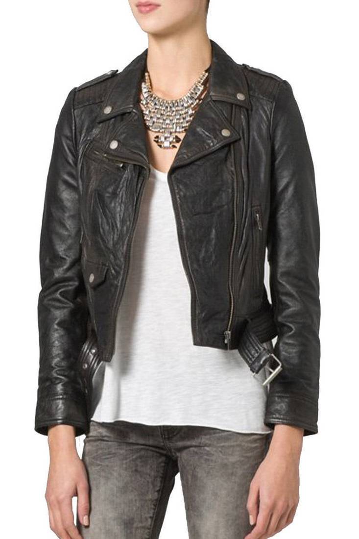 Women’s genuine lambskin black  leather biker jacket slim fit designer motorcycle-c73