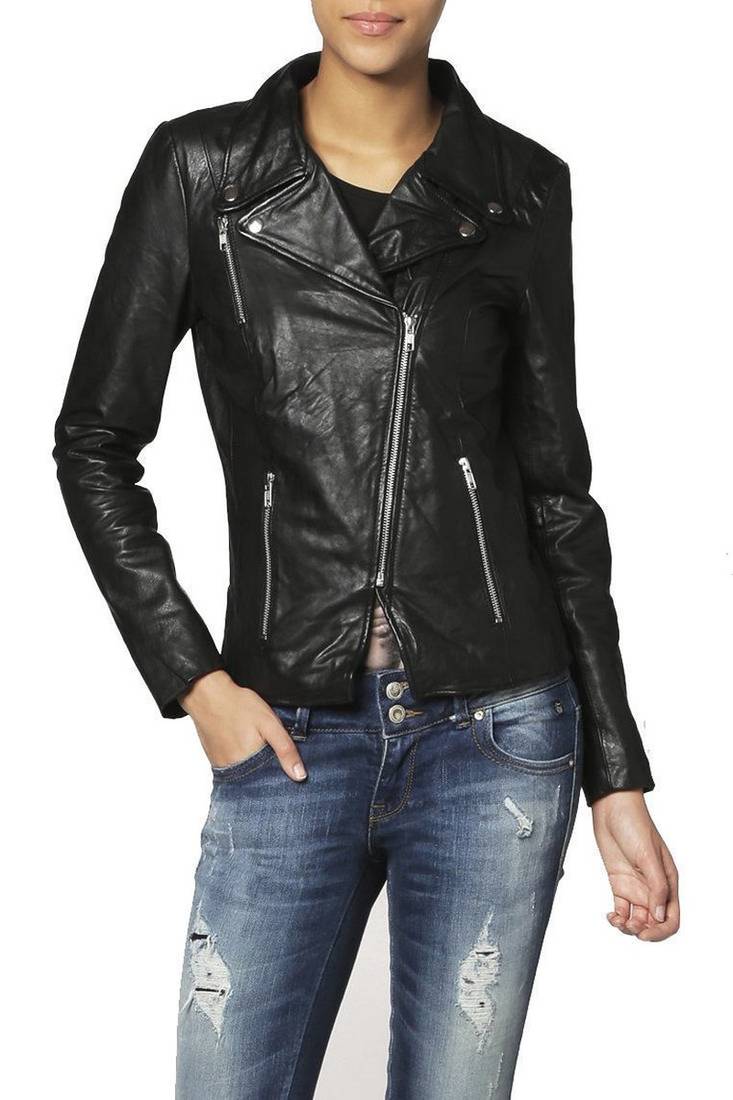 Women’s genuine lambskin black leather biker jacket slim fit designer motorcycle-c74