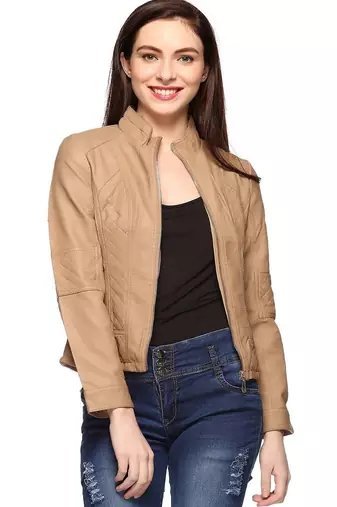 Women’s genuine lambskin beige leather biker jacket slim fit designer motorcycle-c76