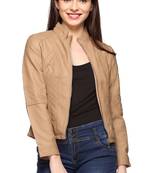 women's beige lambskin leather biker jacket classic moto zip style
