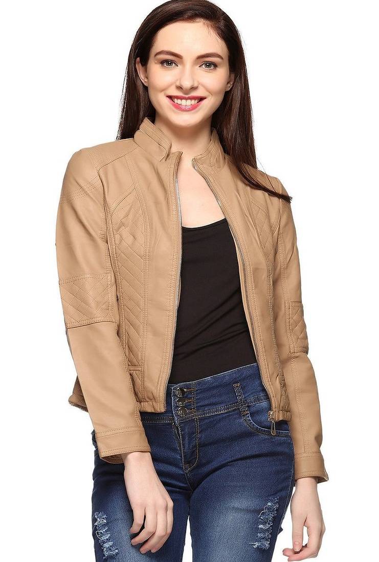 Women’s genuine lambskin beige leather biker jacket slim fit designer motorcycle-c76