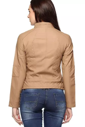 women's beige lambskin leather biker jacket classic moto zip style