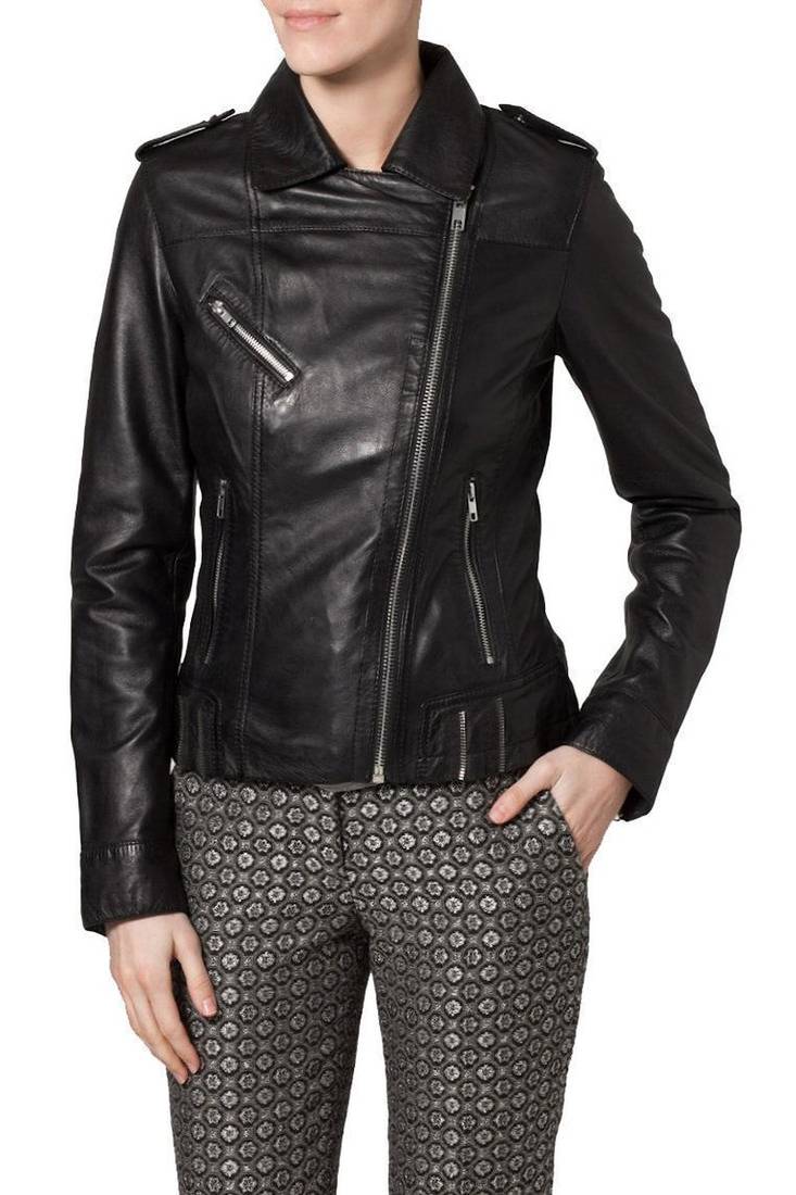 Women black 100% lambskin black leather jacket biker motorcycle napa leather jacket-84