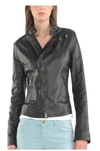 Women black 100% lambskin black leather jacket biker motorcycle napa leather jacket-86