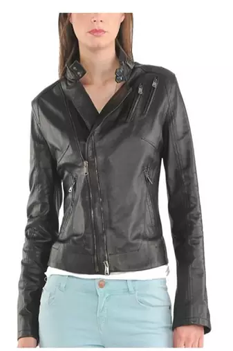 Women black 100% lambskin black leather jacket biker motorcycle napa leather jacket-86