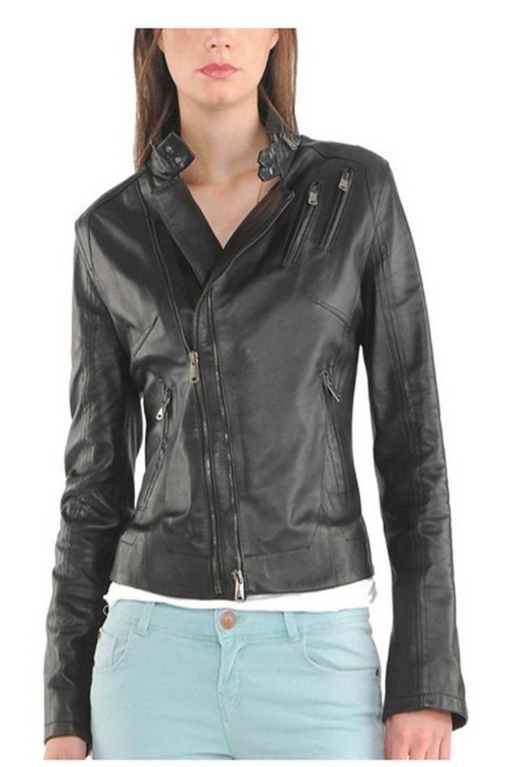 Women black 100% lambskin black leather jacket biker motorcycle napa leather jacket-86