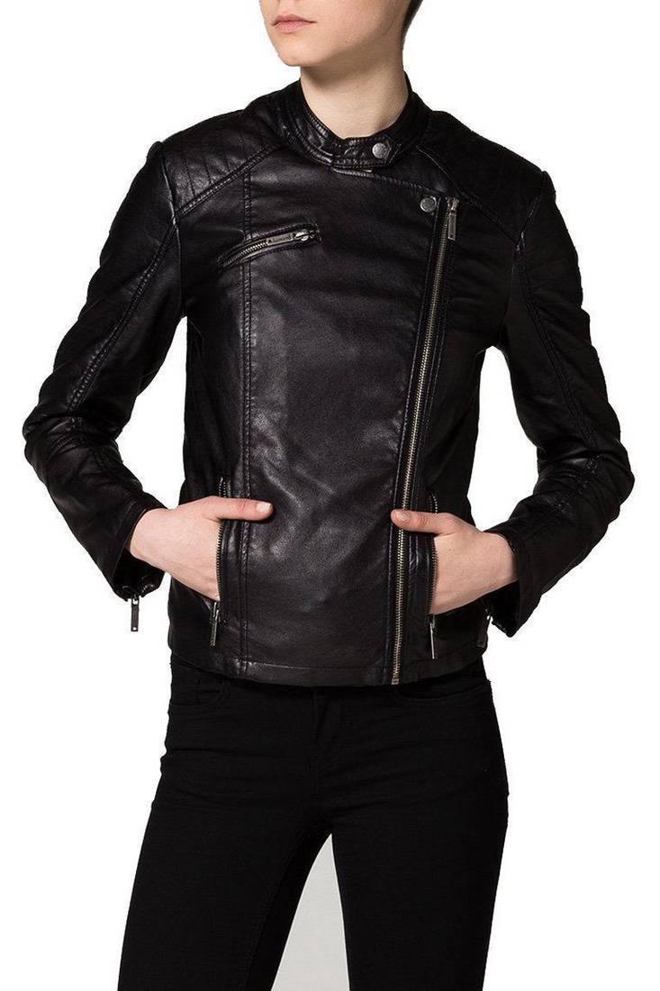 Women black 100% lambskin black leather jacket biker motorcycle napa leather jacket-89