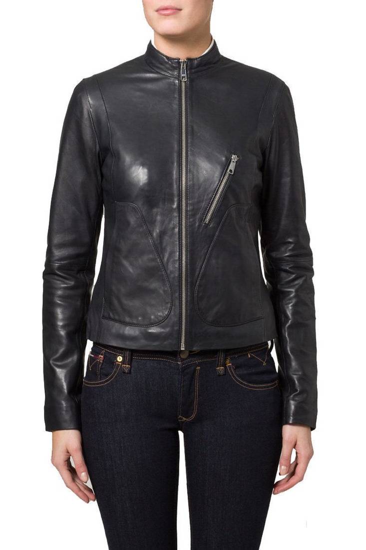 Women black 100% lambskin black leather jacket biker motorcycle napa leather jacket-93