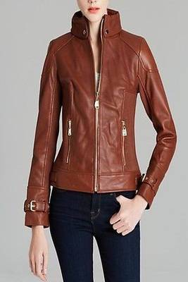 women's brown napa leather biker jacket classic moto zip style elegant 1