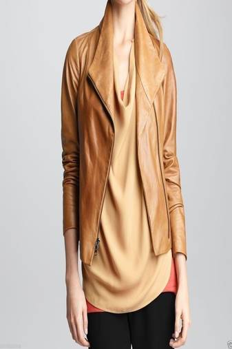 Women’s genuine lambskin brown leather biker jacket slim fit designer motorcycle-c103