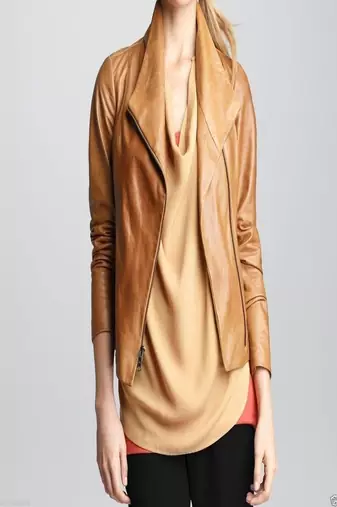 Women’s genuine lambskin brown leather biker jacket slim fit designer motorcycle-c103