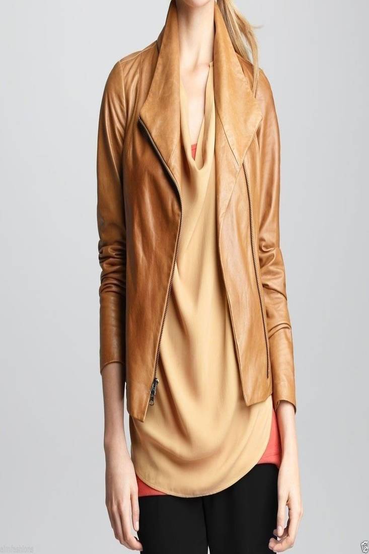 Women’s genuine lambskin brown leather biker jacket slim fit designer motorcycle-c103