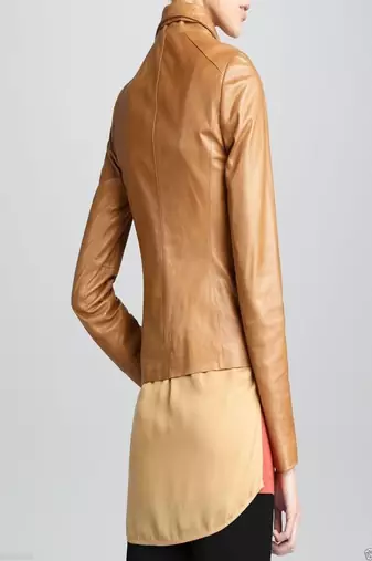 women's brown lambskin leather biker jacket classic moto zip style genuine