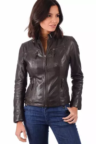 Women’s genuine lambskin black leather biker jacket slim fit designer motorcycle-c104