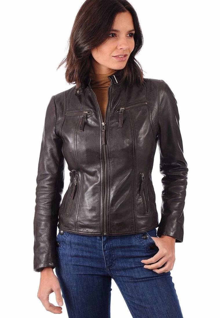 Women’s genuine lambskin black leather biker jacket slim fit designer motorcycle-c104
