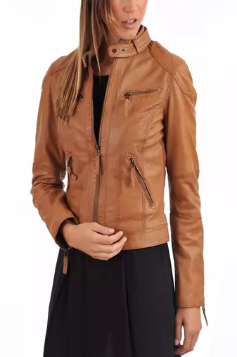 Women’s genuine lambskin brown leather biker jacket slim fit designer motorcycle-c108