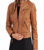 women's brown lambskin leather biker jacket classic moto zip style superior