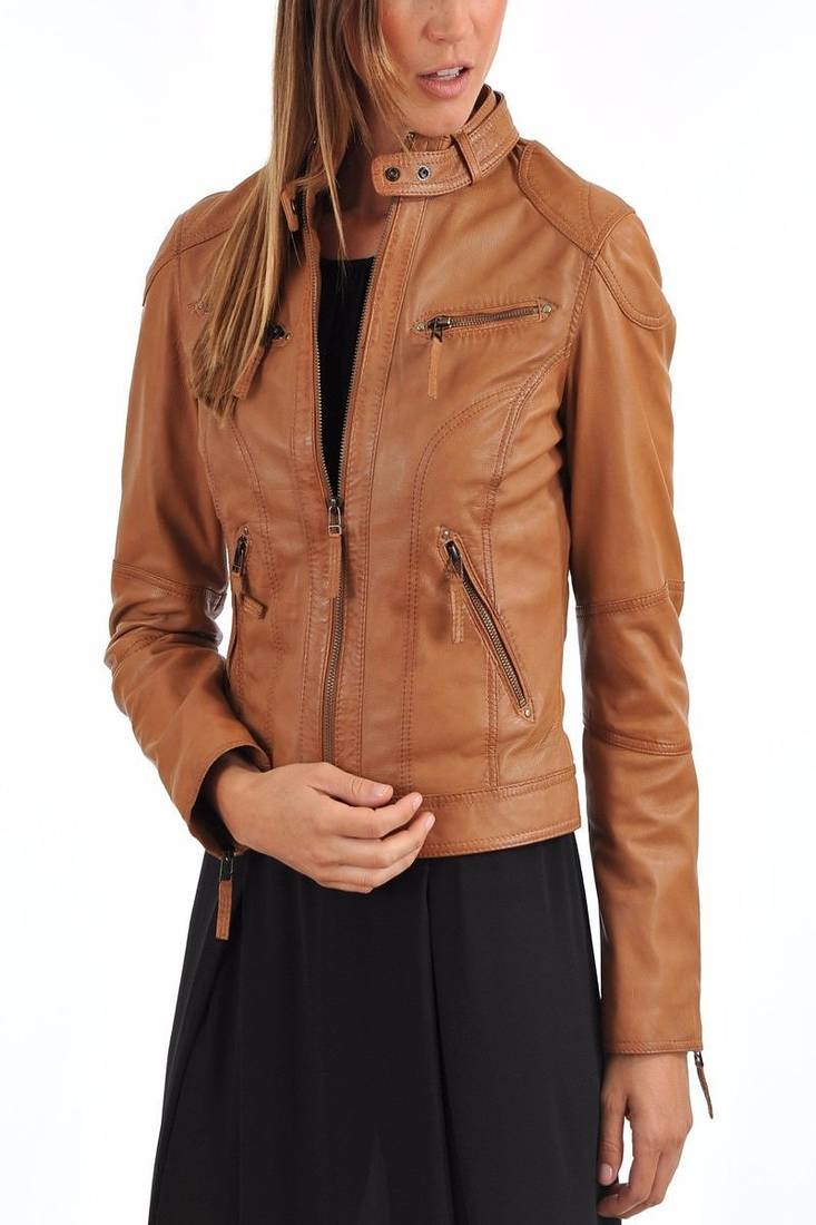 Women’s genuine lambskin brown leather biker jacket slim fit designer motorcycle-c108