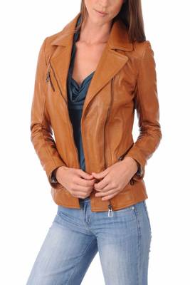 women's brown lambskin leather biker jacket classic moto zip style refined 1