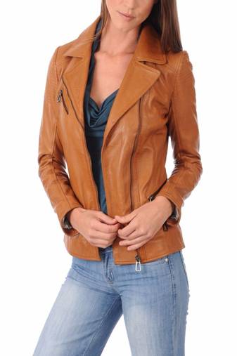 Women’s genuine lambskin brown leather biker jacket slim fit designer motorcycle