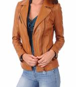 women's brown lambskin leather biker jacket classic moto zip style refined