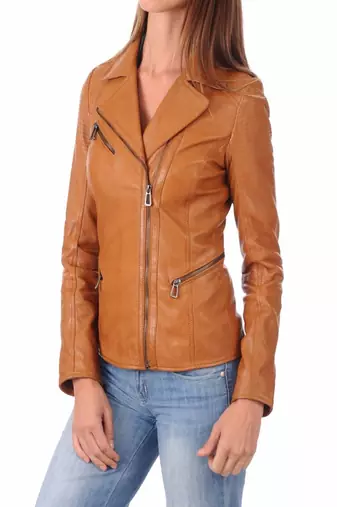 women's brown lambskin leather biker jacket classic moto zip style refined