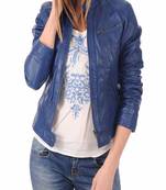 women's blue lambskin leather biker jacket classic moto zip style