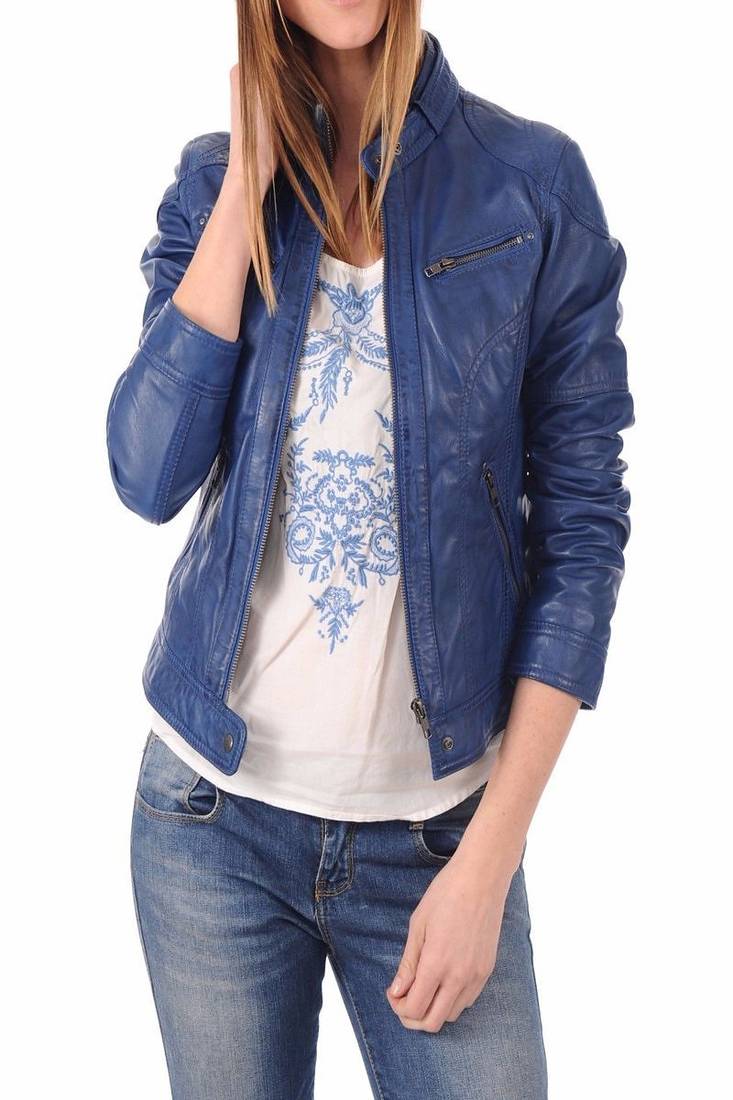 Women’s genuine lambskin blue leather biker jacket slim fit designer motorcycle-c108