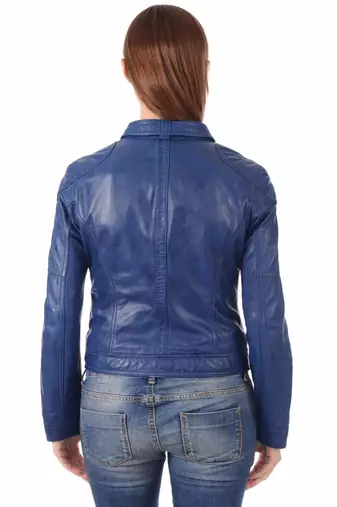 women's blue lambskin leather biker jacket classic moto zip style