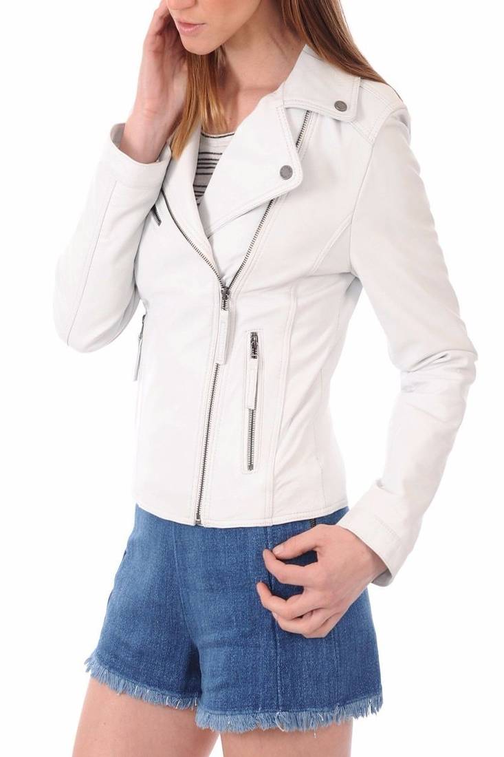 Women’s genuine lambskin white leather biker jacket slim fit designer motorcycle-c109