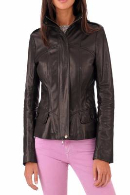 women's black lambskin leather biker jacket classic moto zip style premium select 1