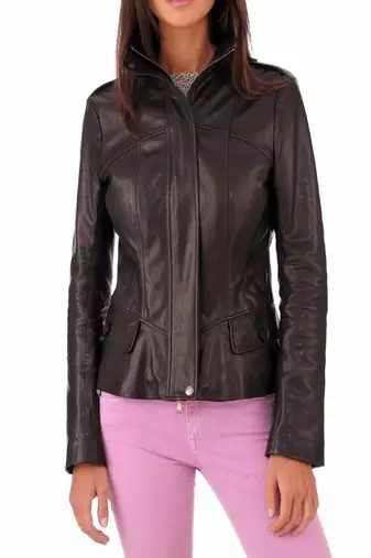 Women’s genuine lambskin black leather biker jacket slim fit designer motorcycle-c110