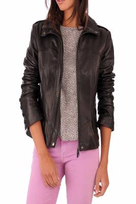 women's black lambskin leather biker jacket classic moto zip style premium select 2