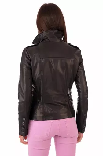 women's black lambskin leather biker jacket classic moto zip style premium select
