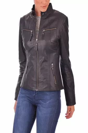 Women’s genuine lambskin black leather biker jacket slim fit designer motorcycle-c111