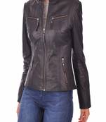 women's black lambskin leather biker jacket classic moto zip style premium signature