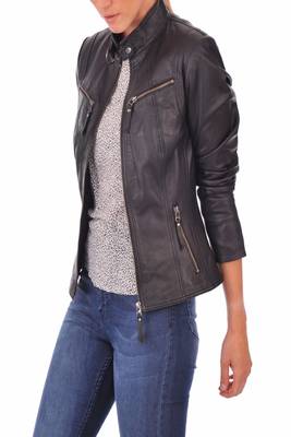 women's black lambskin leather biker jacket classic moto zip style premium signature 2