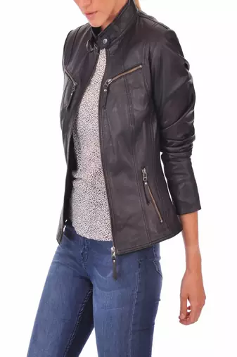 women's black lambskin leather biker jacket classic moto zip style premium signature