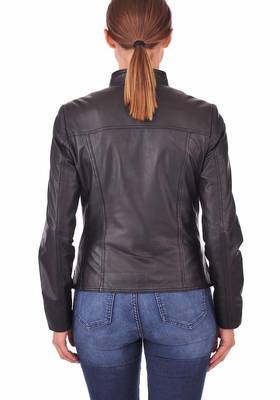 women's black lambskin leather biker jacket classic moto zip style premium signature 3