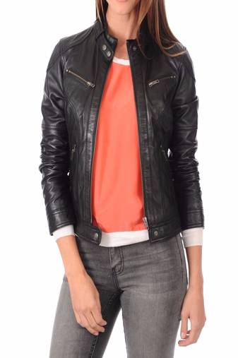 Women’s genuine lambskin black leather biker jacket slim fit designer motorcycle-c113