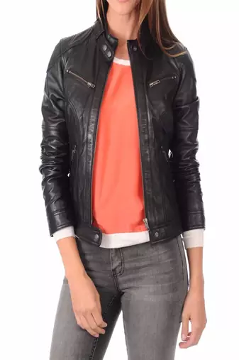Women’s genuine lambskin black leather biker jacket slim fit designer motorcycle-c113