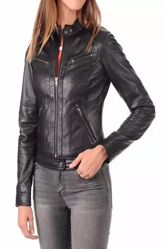 women's black lambskin leather biker jacket classic moto zip style premium special