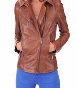 women's brown lambskin leather biker jacket classic moto zip style elegant
